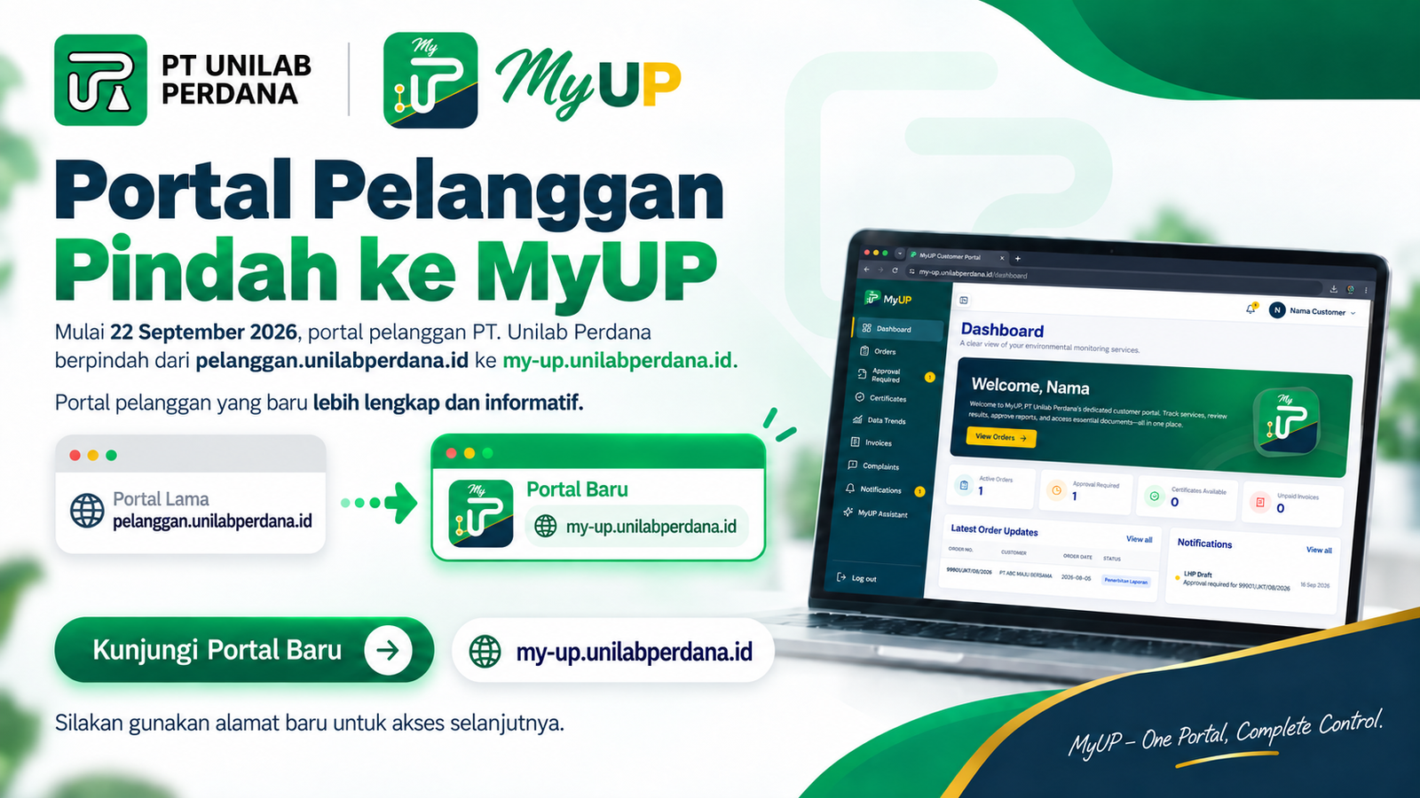 Informasi perpindahan portal pelanggan Unilab Perdana ke MyUP
